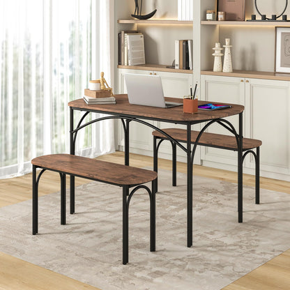 Dining Table with 2 Benches, 3 Piece Kitchen Table and Benches Set with Anti-slip Foot Pads