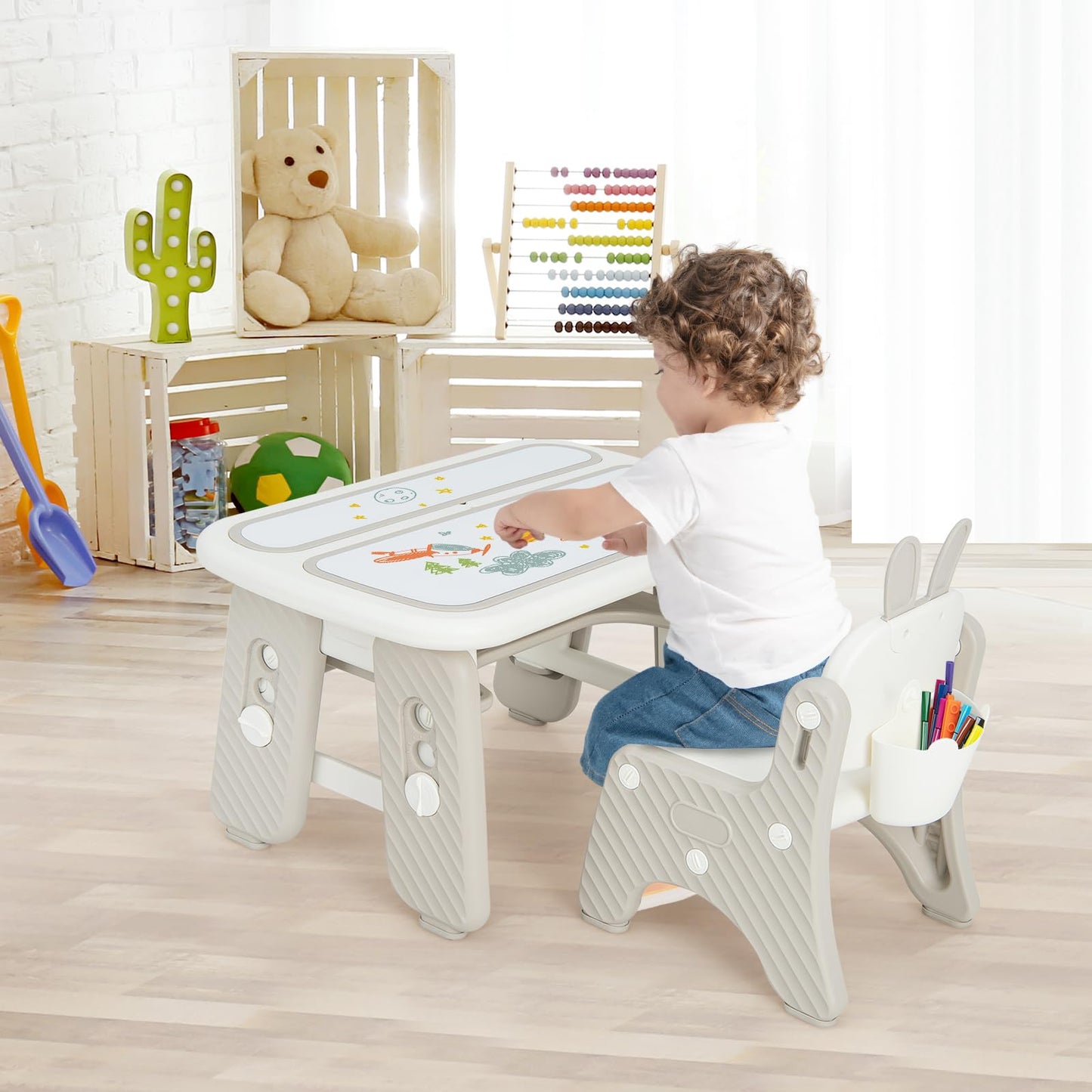 Kids Table and Chair Set, Toddler Activity Table with Flip-Top Tabletop, Erasable Magnetic Drawing Board