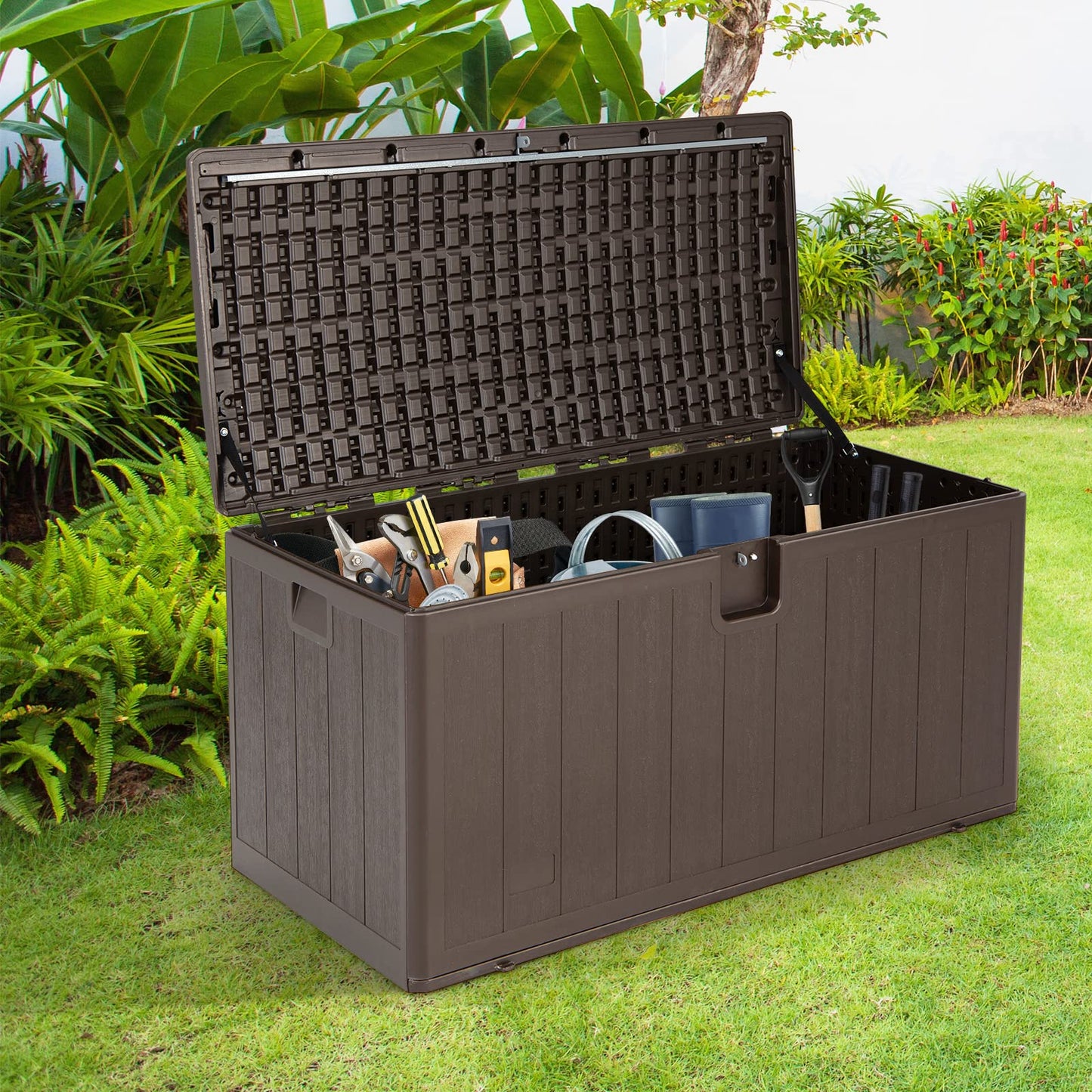 GiantexUK 400L Garden Storage Box, Lockable Weatherproof Deck Box with Linked Strap and Side Recessed Handles