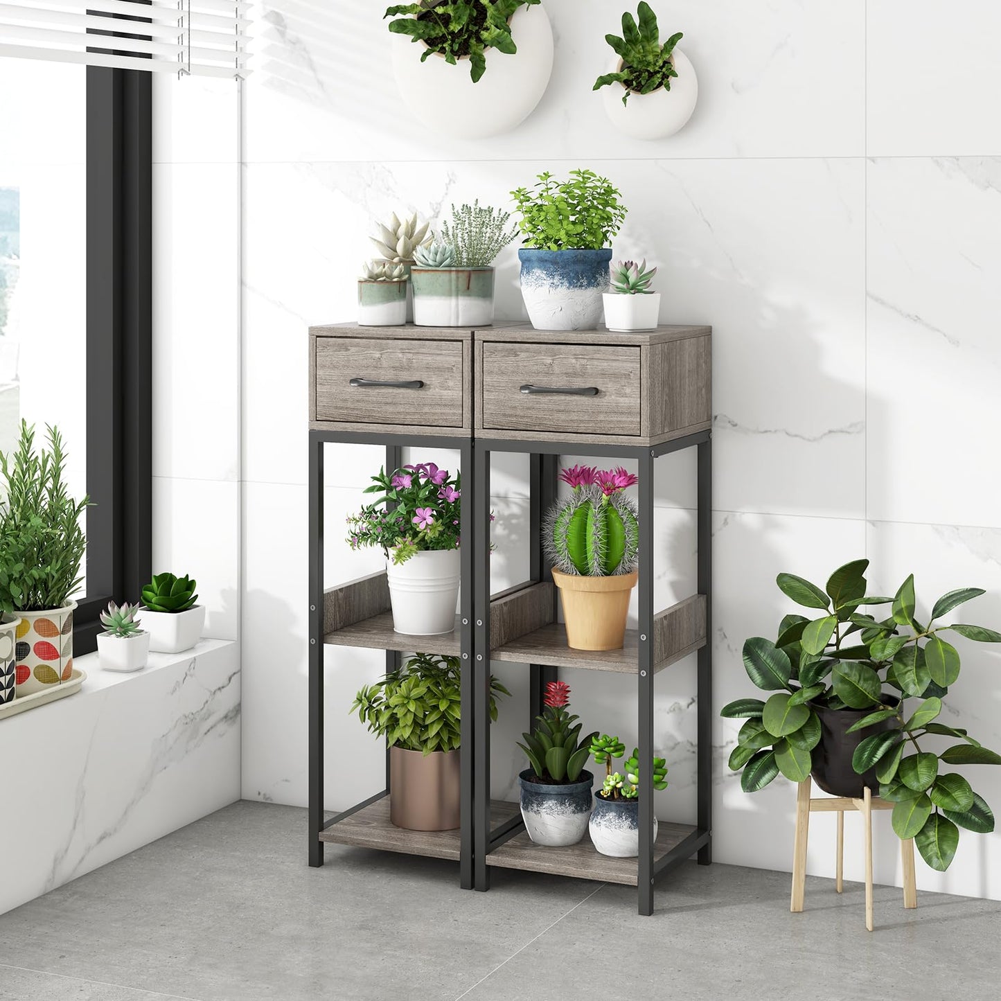 3 Tier Tall Metal Plant Stand, Corner Plant Holder with Anti-tipping Devices (with Top Drawer)