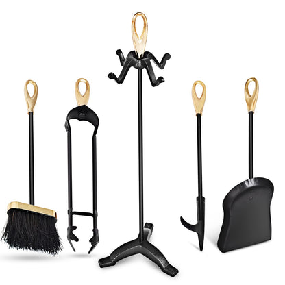 GiantexUK 5-Piece Fireplace Companion Set, Wrought Iron Fire Place Tools Set (Gold + Black, 4 Hooks, 3-Point Base)