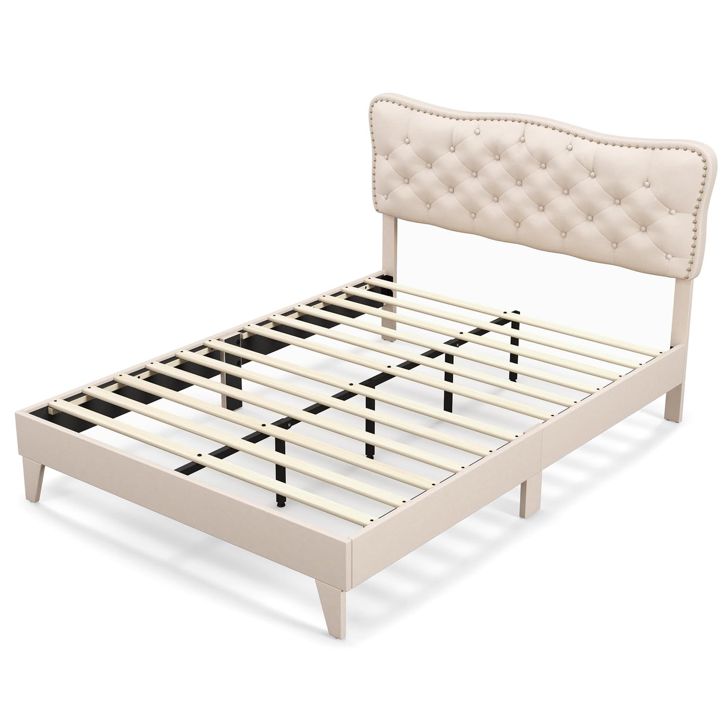 4FT6/5FT King Size Bed Frame with Headboard, Slatted Storage Bed Base with Under Storage Space