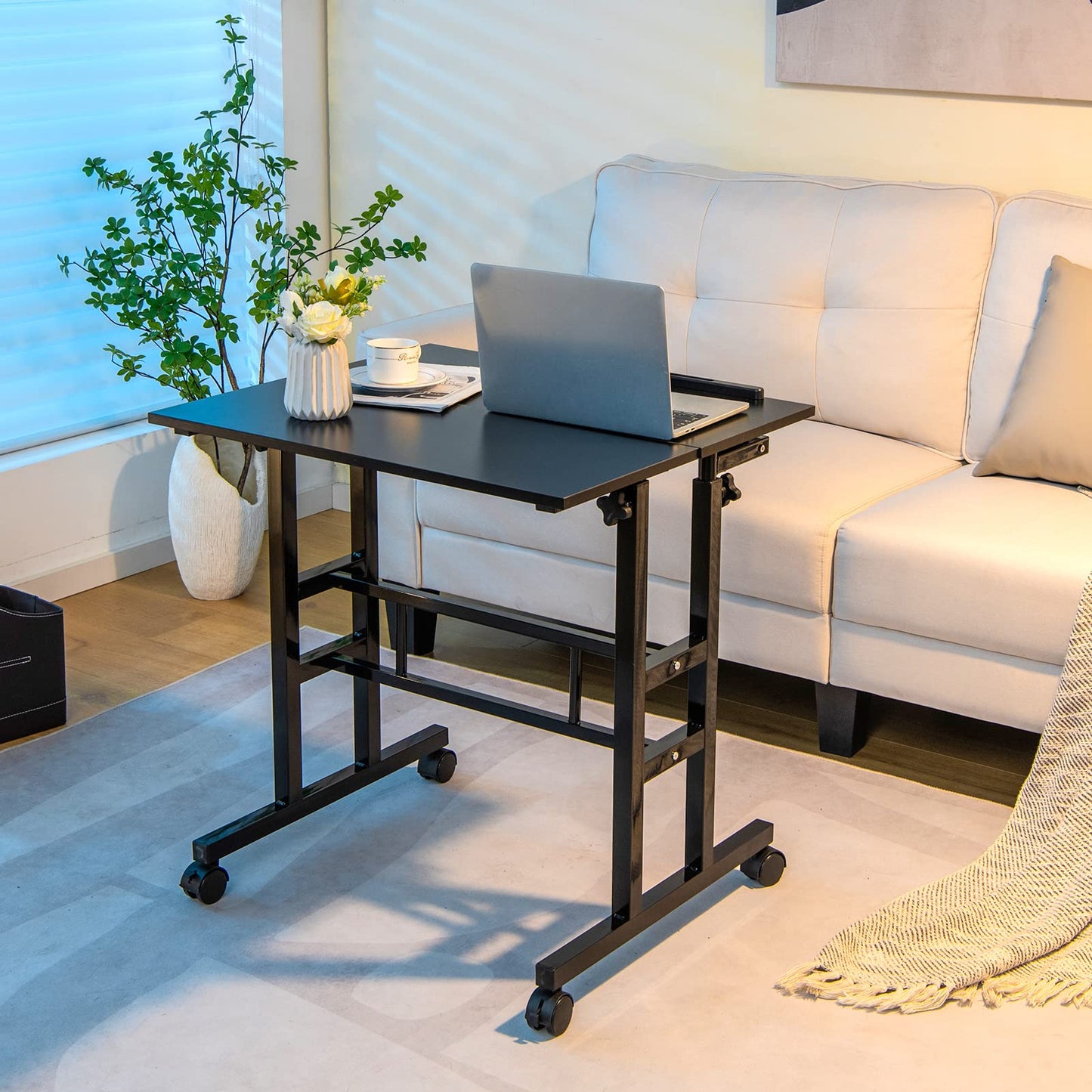 Height Adjustable Standing Desk, Mobile Laptop Table Computer Desk with Flip-over Desktop and Wheels