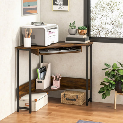 Corner Computer Desk, Triangle PC Laptop Table with Power Outlet and Storage Shelf, Brown, with Keyboard Tray