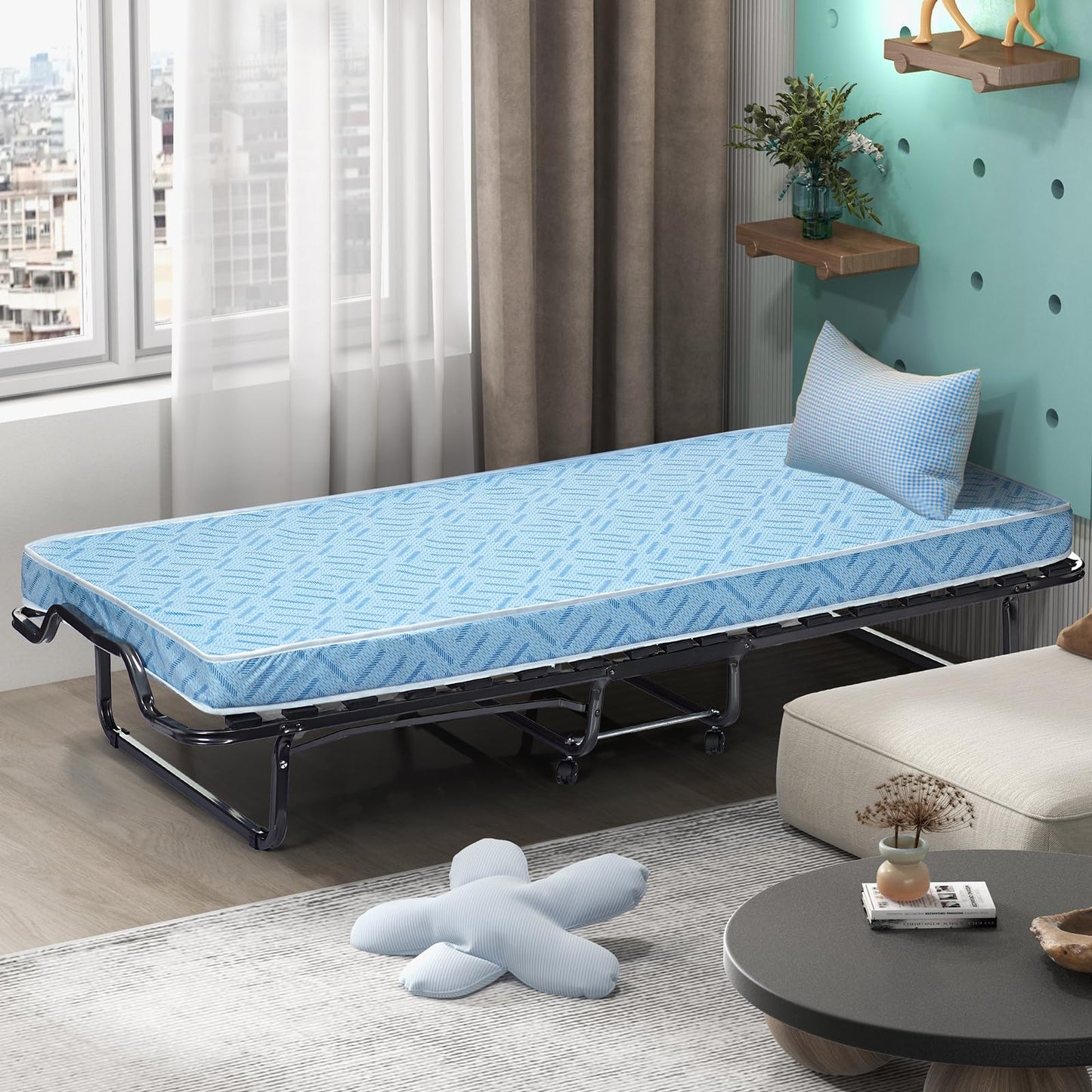 olding Bed with 10cm Memory Foam Mattress Mobile Single Sleeper Bed