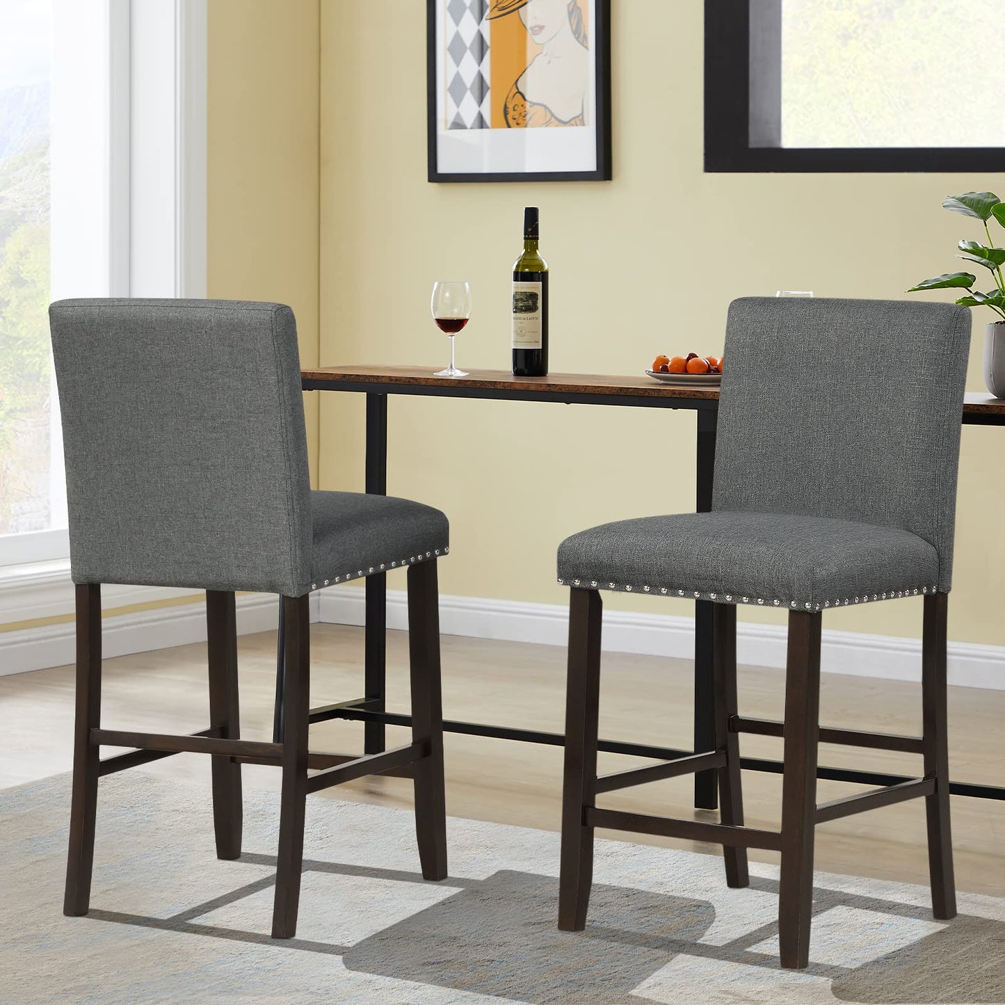 GiantexUK Bar Stools Set of 2/4, Upholstered Barstools with Padded Backrest & Footrests, Grey