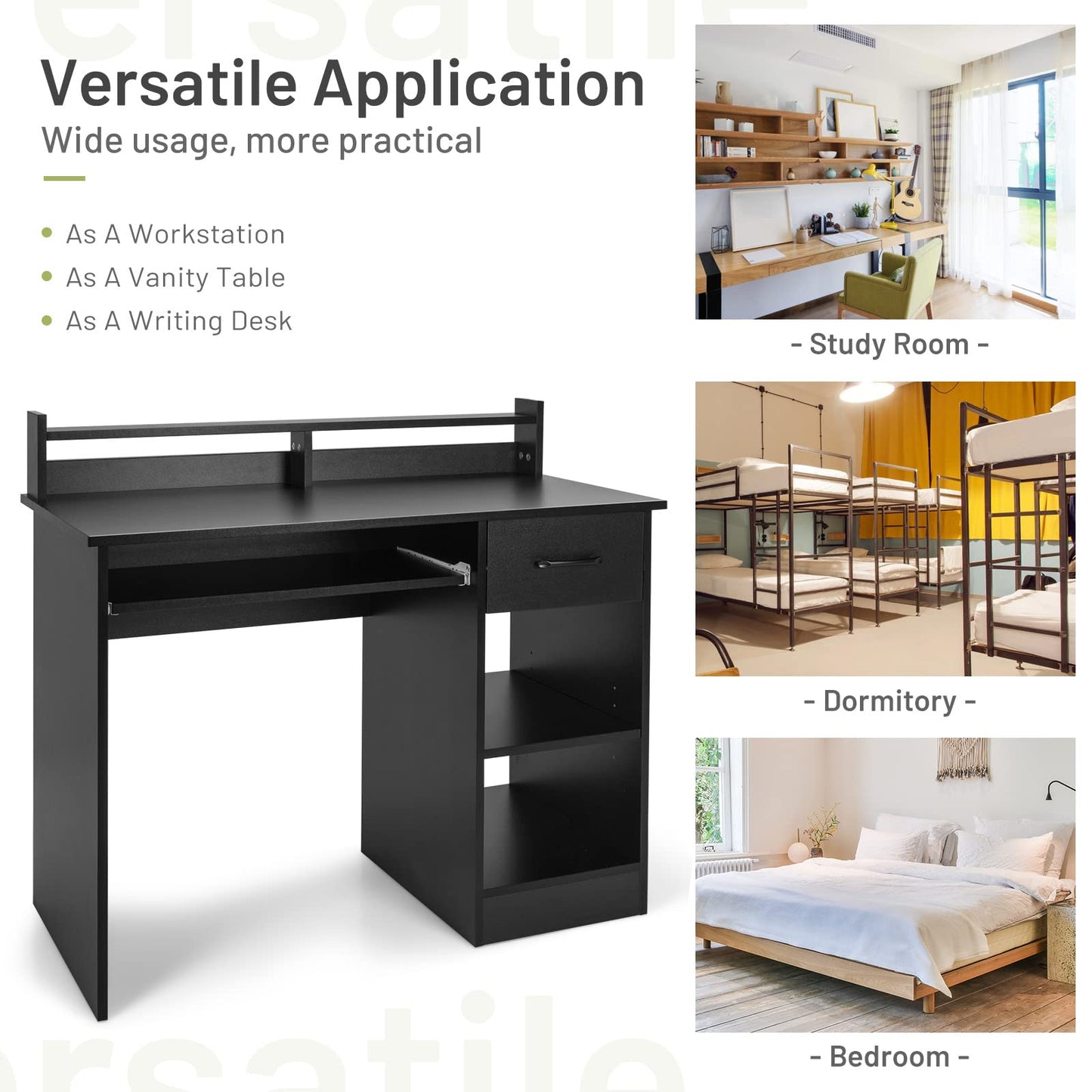 Computer Desk, Wooden PC Laptop Table Writing Workstation with Sliding Keyboard Tray