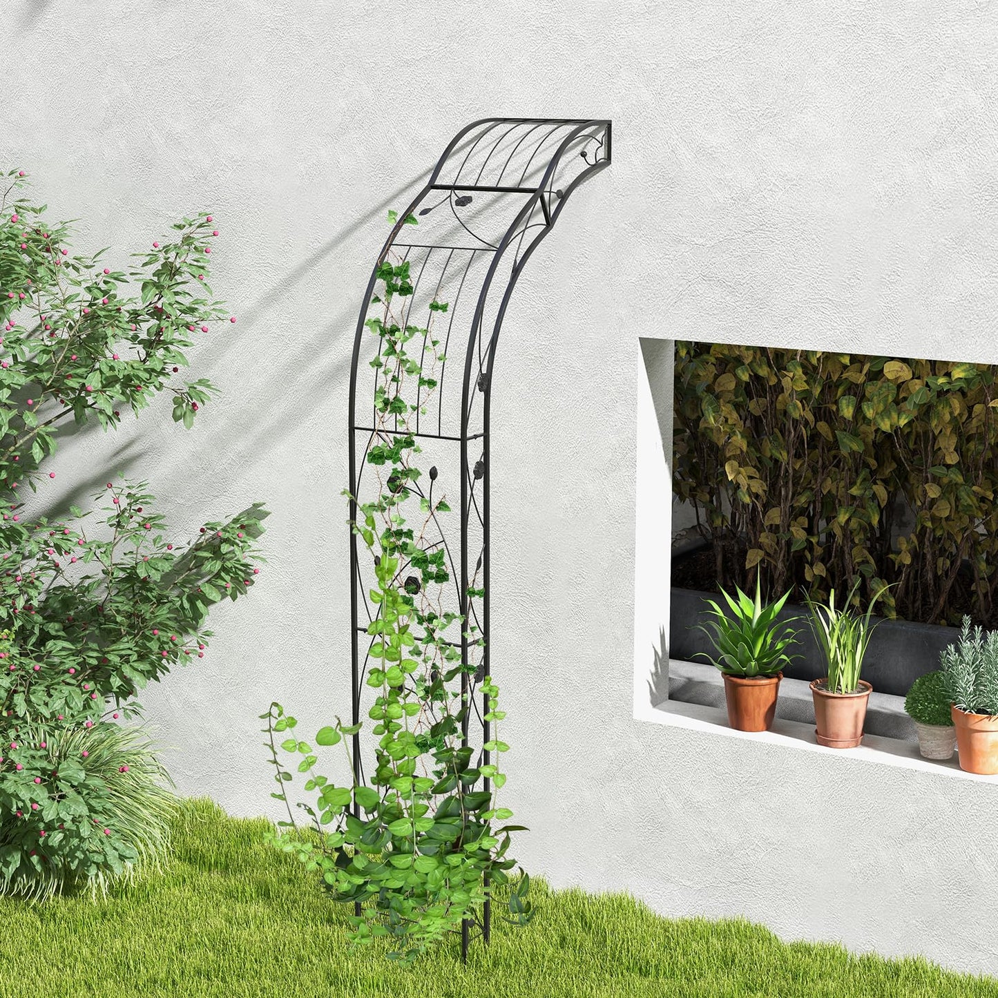 GiantexUK 2.5M Metal Garden Arch, Heavy Duty Pergola Trellis Arbour with 2 Half-side Arches