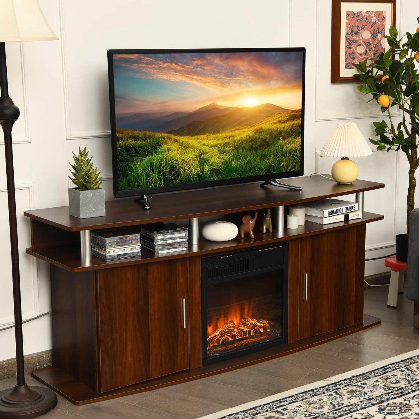 TV Stand for TVs up to 70 Inches, Wooden TV Cabinet Media Entertainment Center with 2 Doors and Open Shelves (Cherry)